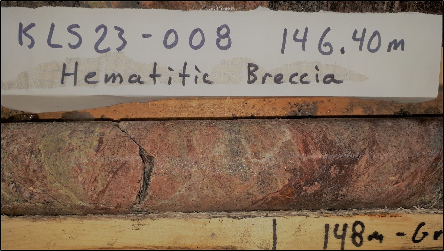 A photo of DDH KLS23-008 (146.4m depth). Hematitic breccia