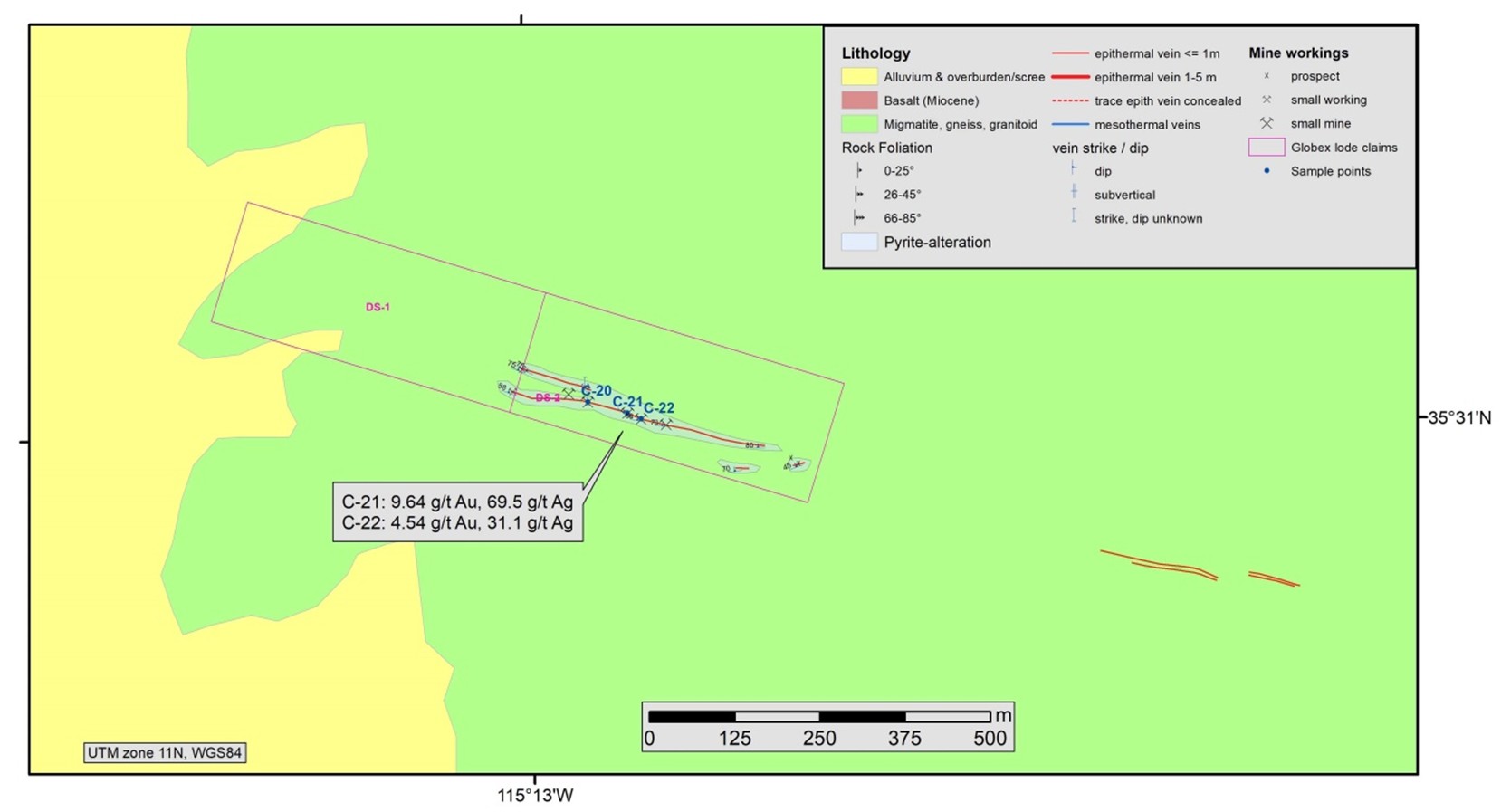 Geology, sample locations and selected assay results for the epithermal Double Standard vein system. The vein system, located 2.5 km south of the Red Star veins, is protected by 2 unpatented mining claims. 