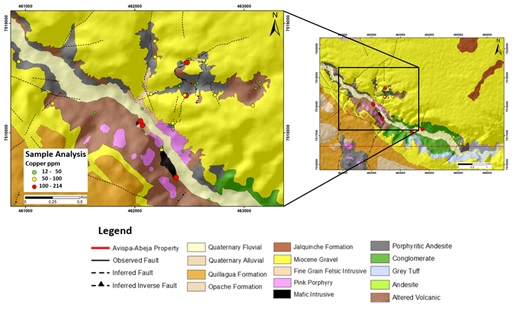 Figure 3: Geological map of copper (Cu) assay results for lithological grab samples collected along the San Salvador River section. Seven samples returned >100 ppm Cu (red dots) with the highest assay of 476 ppm Cu.