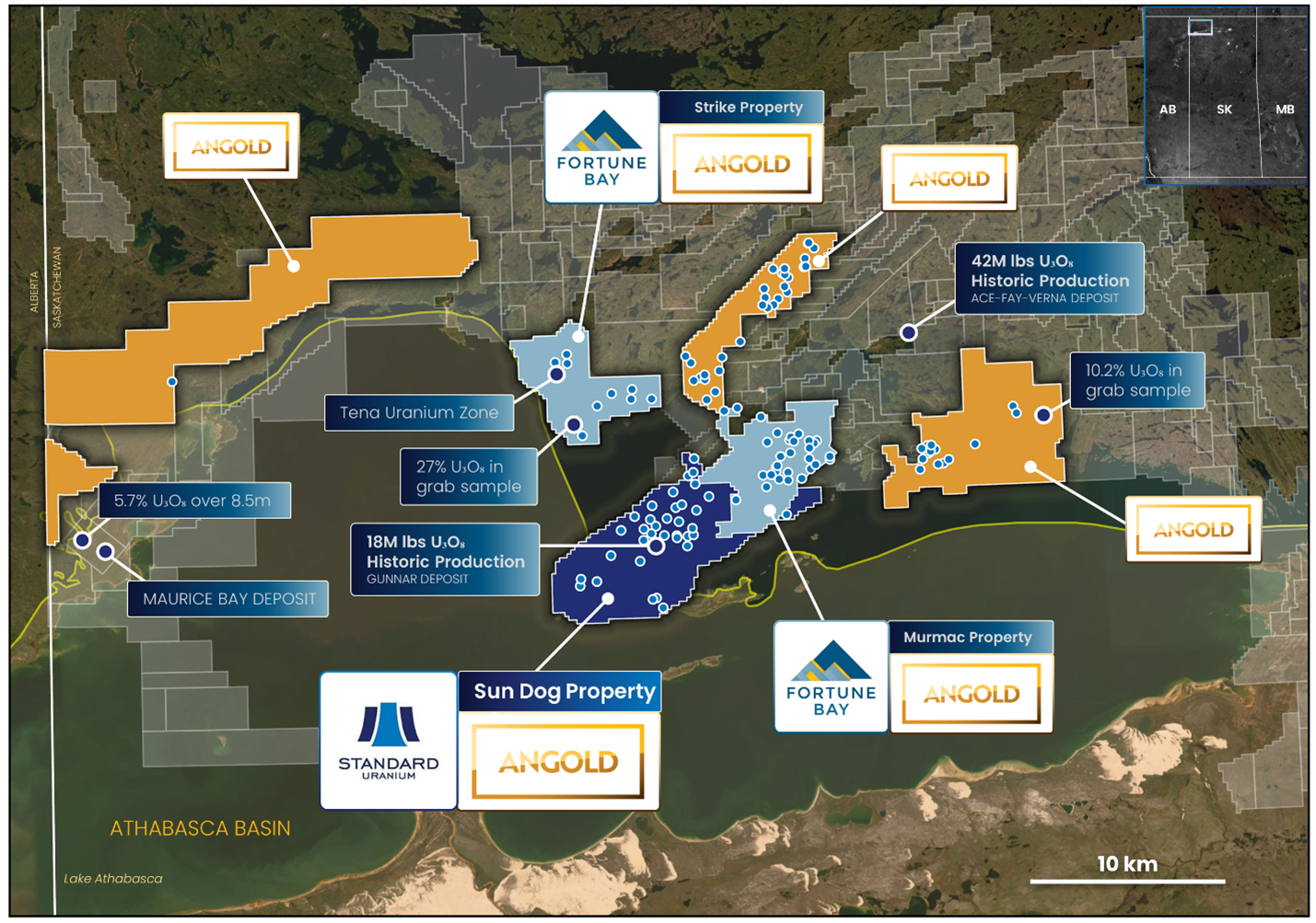 Overview of the Northwestern Athabasca Uranium District highlighting the Sun Dog Project and leading land position to be acquired by Angold Resources Ltd.