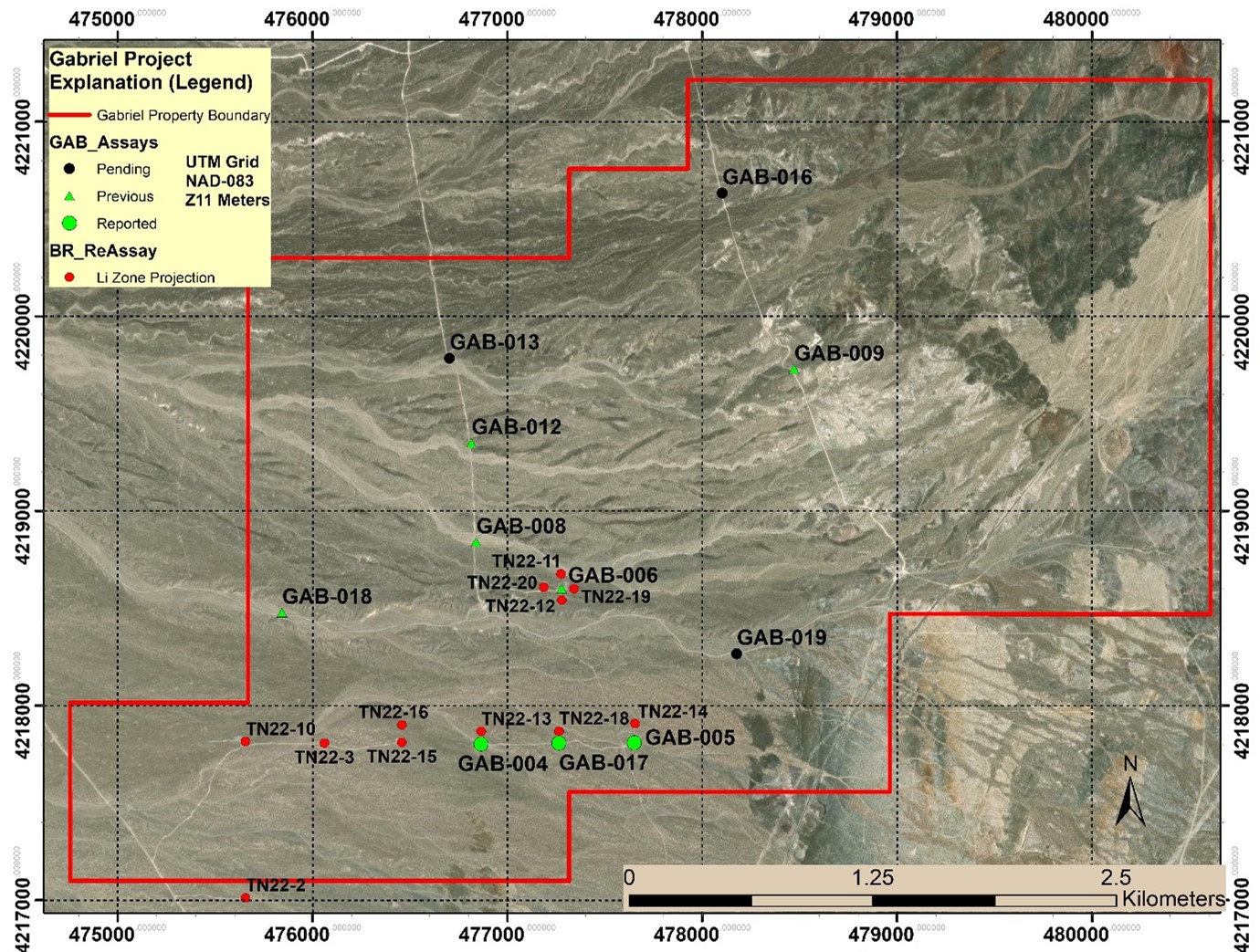 Location Map of GAB Drill Holes and Proposed BRS TN-22 Holes to Re-assay