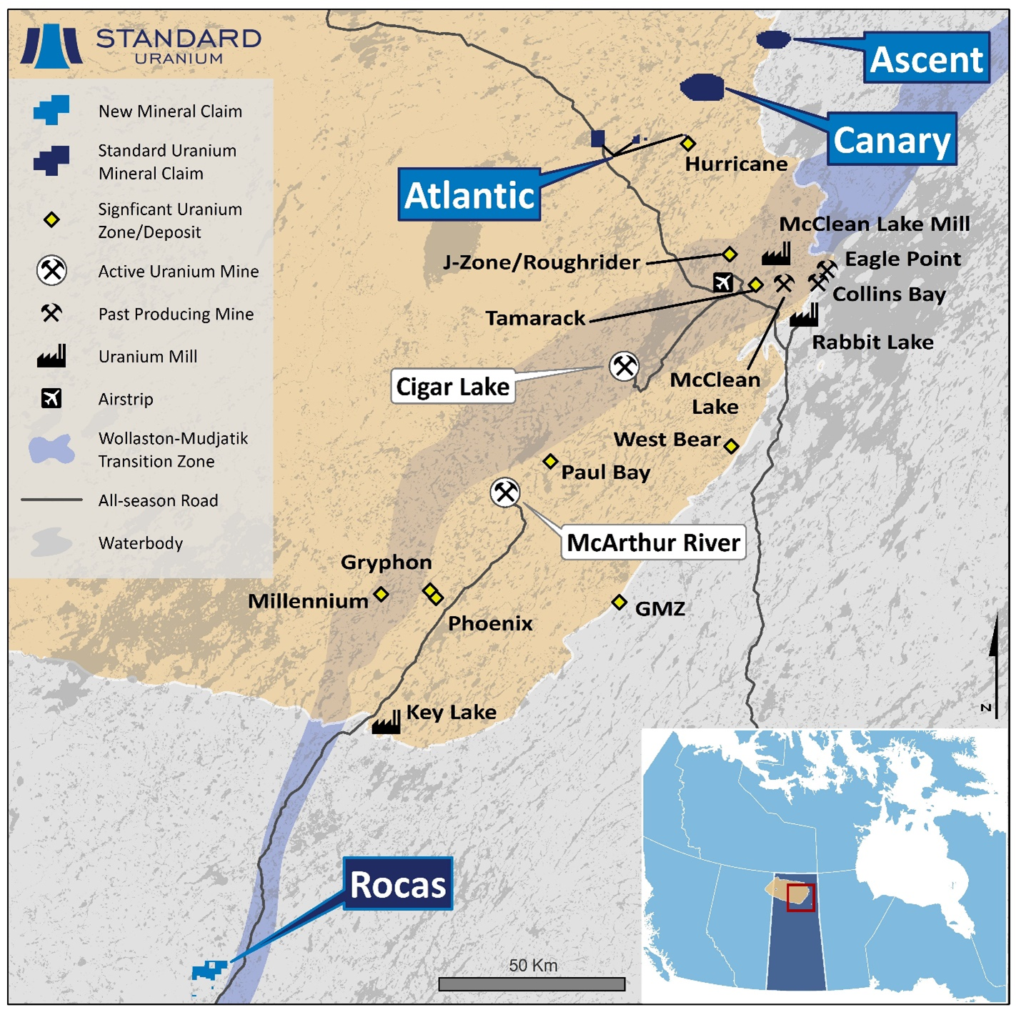 Overview map of Standard Uranium’s eastern Athabasca projects. The newly staked Rocas Project is highlighted relative to the Wollaston-Mudjatik transition zone and uranium mines, mills, and occurrences. Rocas is located along the Wollaston-Mudjatik transition zone, which is related to multiple high-grade uranium deposits located to the north.