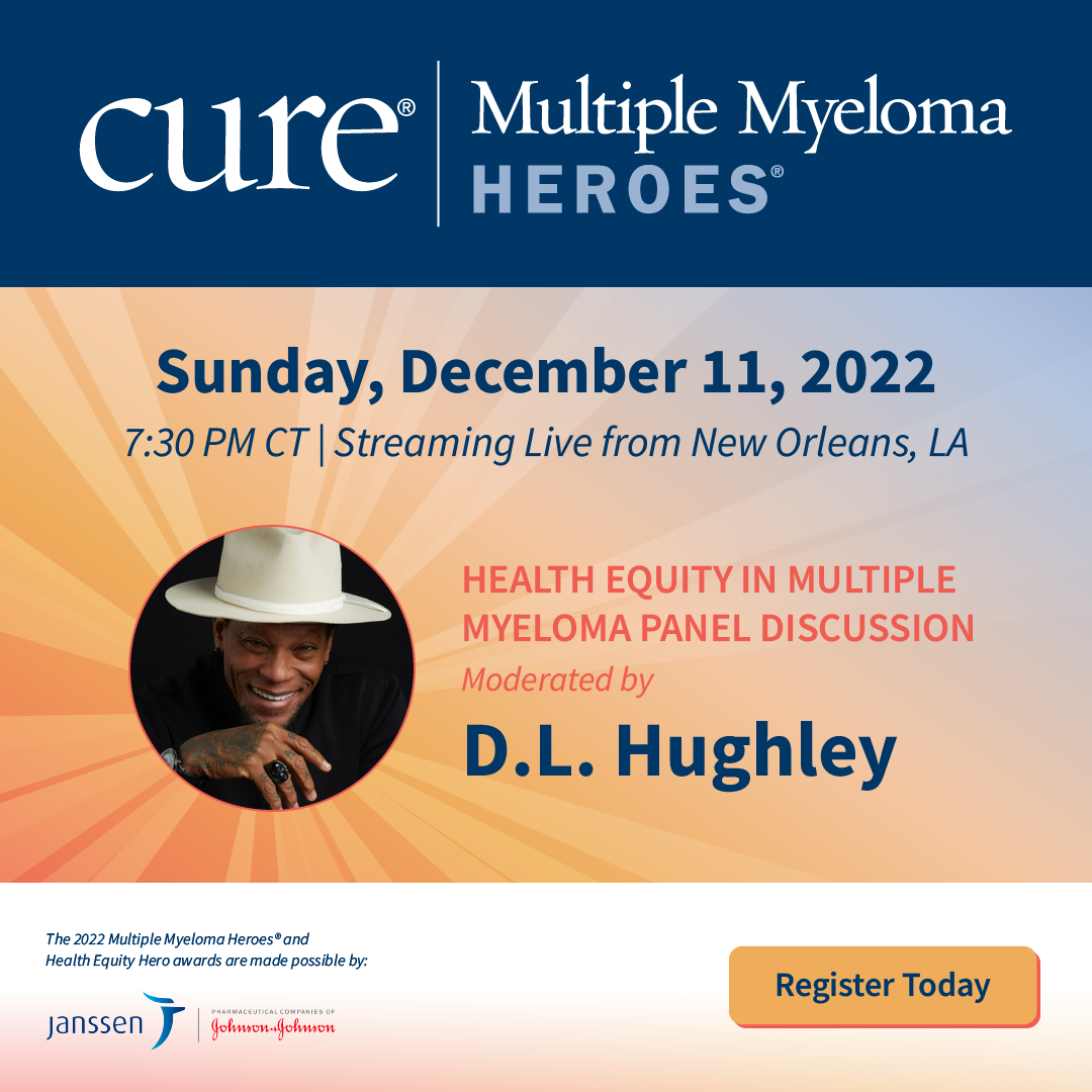 Information about the 2022 Multiple Myeloma Heroes recognition ceremony on Dec. 11, accompanied by a photo of keynote speaker D.L. Hughley