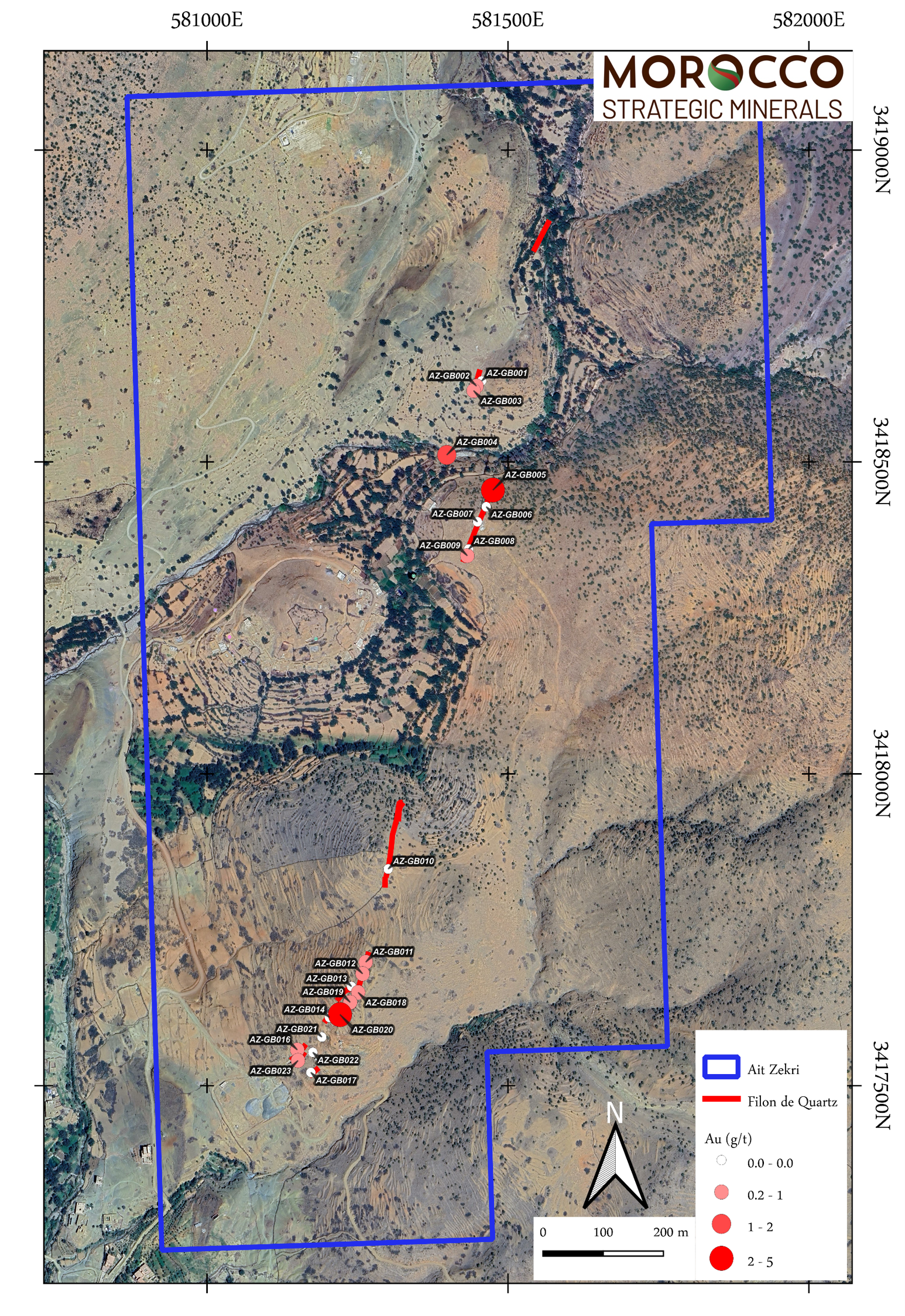 Figure 3: Aït Zekri licence showing mapped quartz veins and grab-sample locations.