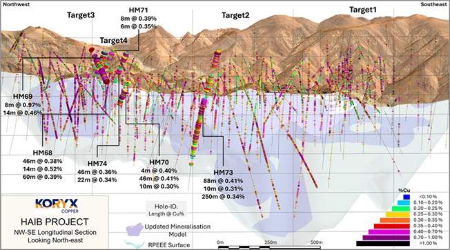 Long section looking northeast showing the six reported drill hole intersection depths relative to the model for Cu mineralization 