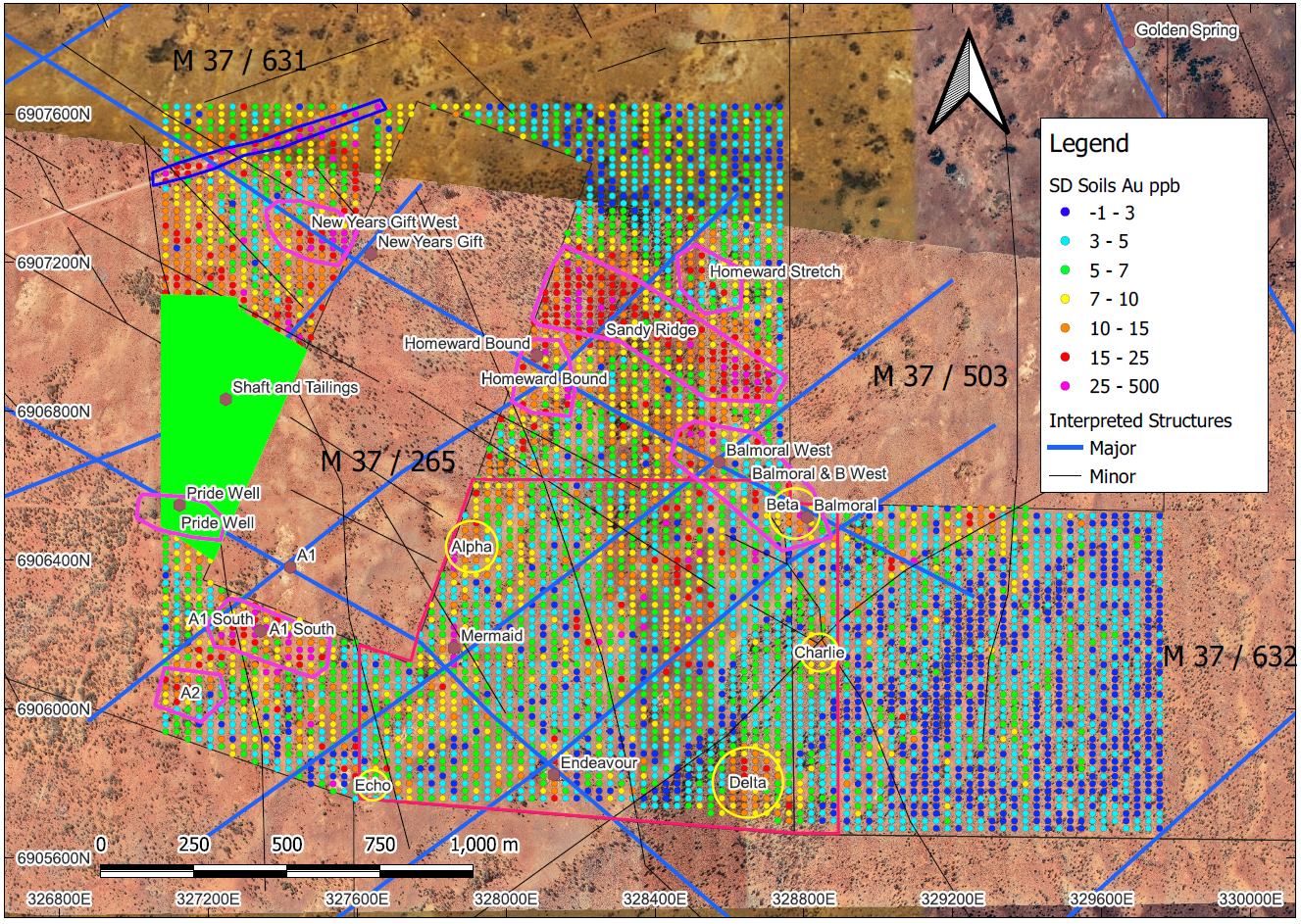 Au (ppb) dispersion in the South Darlot Gold Project with known mineralised deposits and areas of interest highlighted from both soil campaigns. Yellow circled areas were identified in P1 Soil campaign, whilst purple areas identified in P2 Soil campaign.