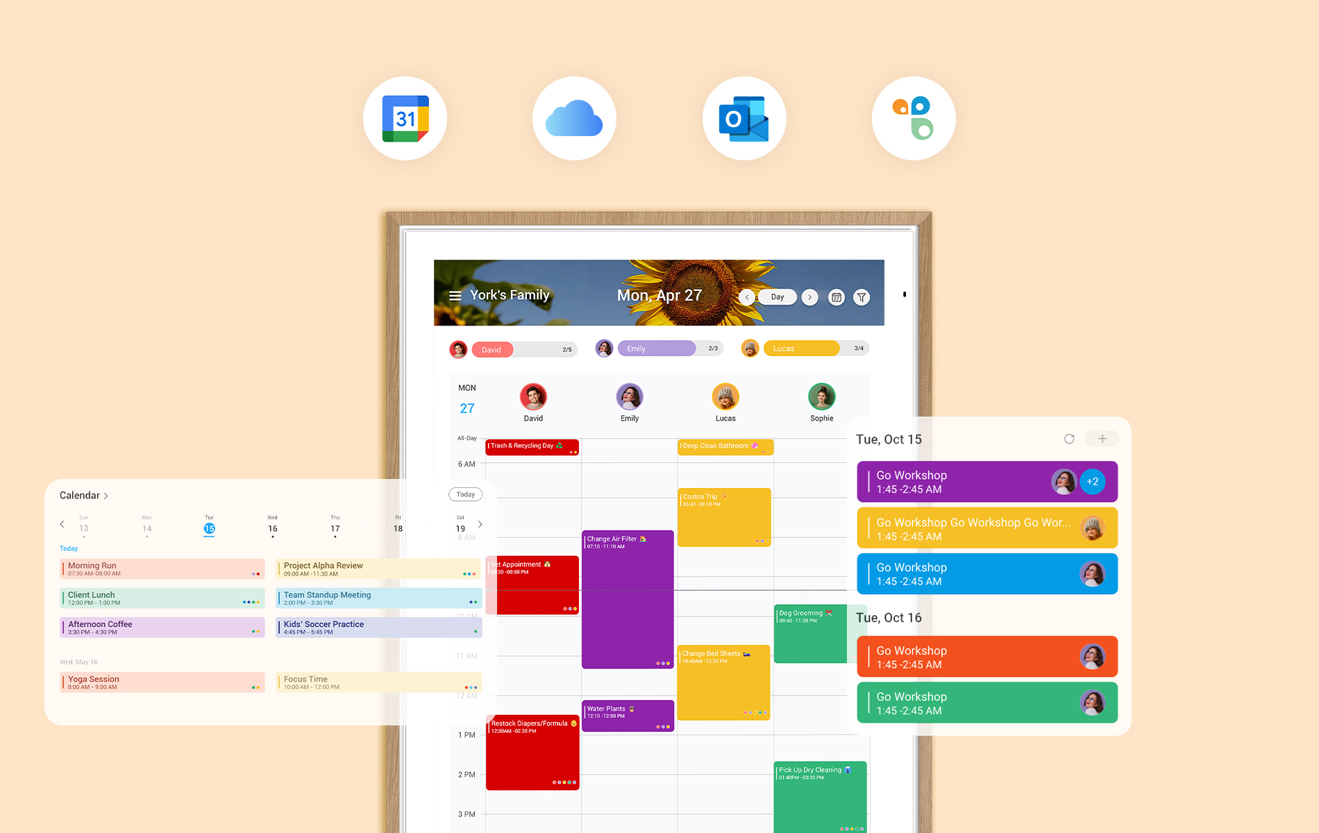 A wall-mounted Apolosign calendar displaying a family scheduling interface with color-coded events, integrated app data, and synced calendars.