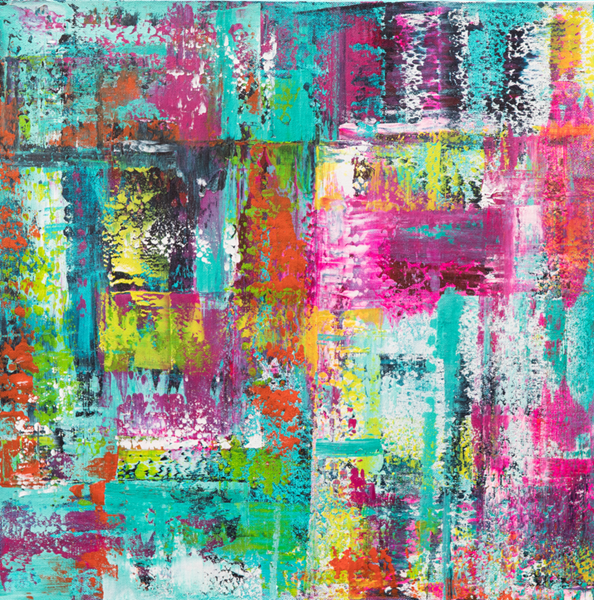 A joyful and exuberant modern abstract artwork in Delia Anne’s signature vivid shades.