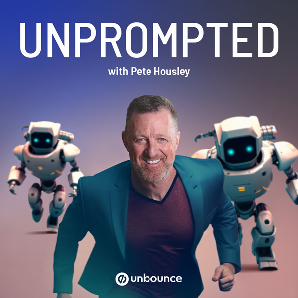 In the main cover graphic for the Unprompted podcast, host Pete Housley is pursued by robots.