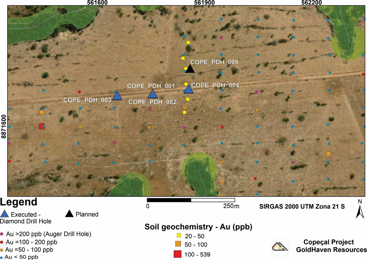 Figure 4: Planned and executed drill targets on the eastern anomaly on the Copeçal gold project 
