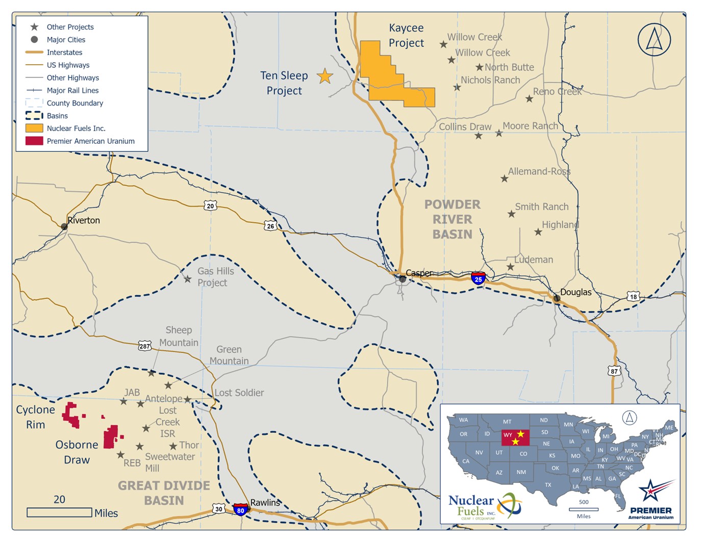 Location of Nuclear Fuels’ Kaycee Project in Wyoming’s Powder River Basin, situated near Premier American Uranium’s Cyclone Project in the neighbouring Great Divide Basin.