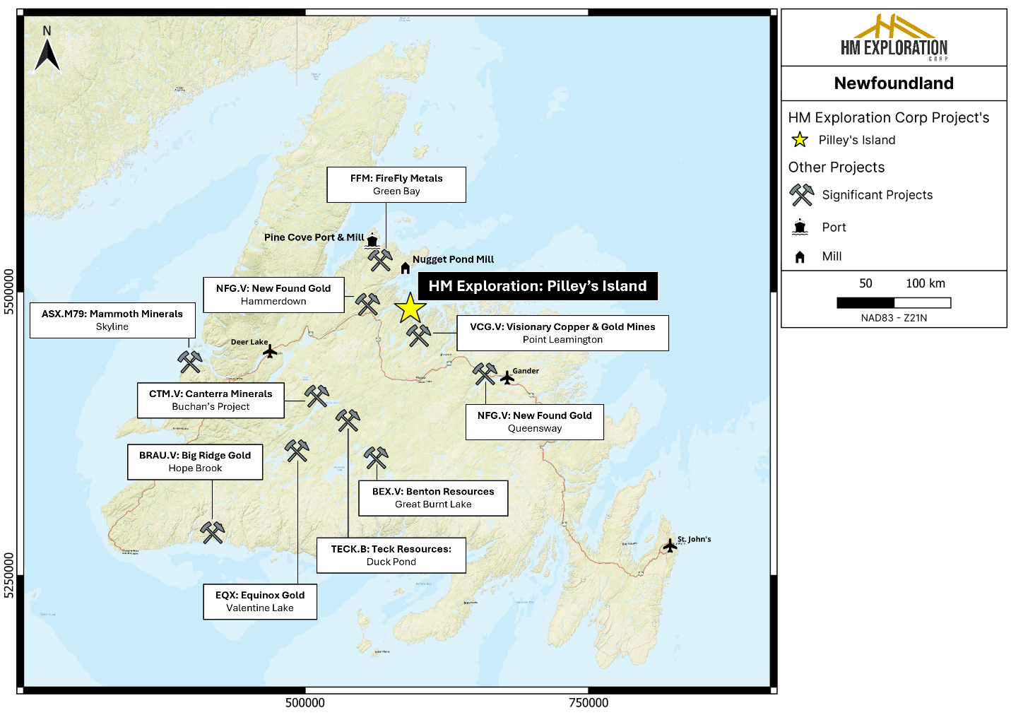 Regional map of Newfoundland displaying the location of the Pilley’s Island project and other significant mineral exploration and mining projects in Newfoundland – Canada