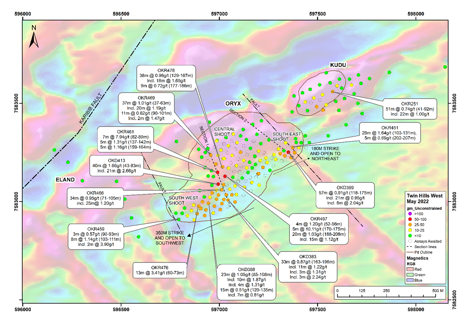 Location of THW drill collars and recent assay results superimposed on ground magnetic image.
