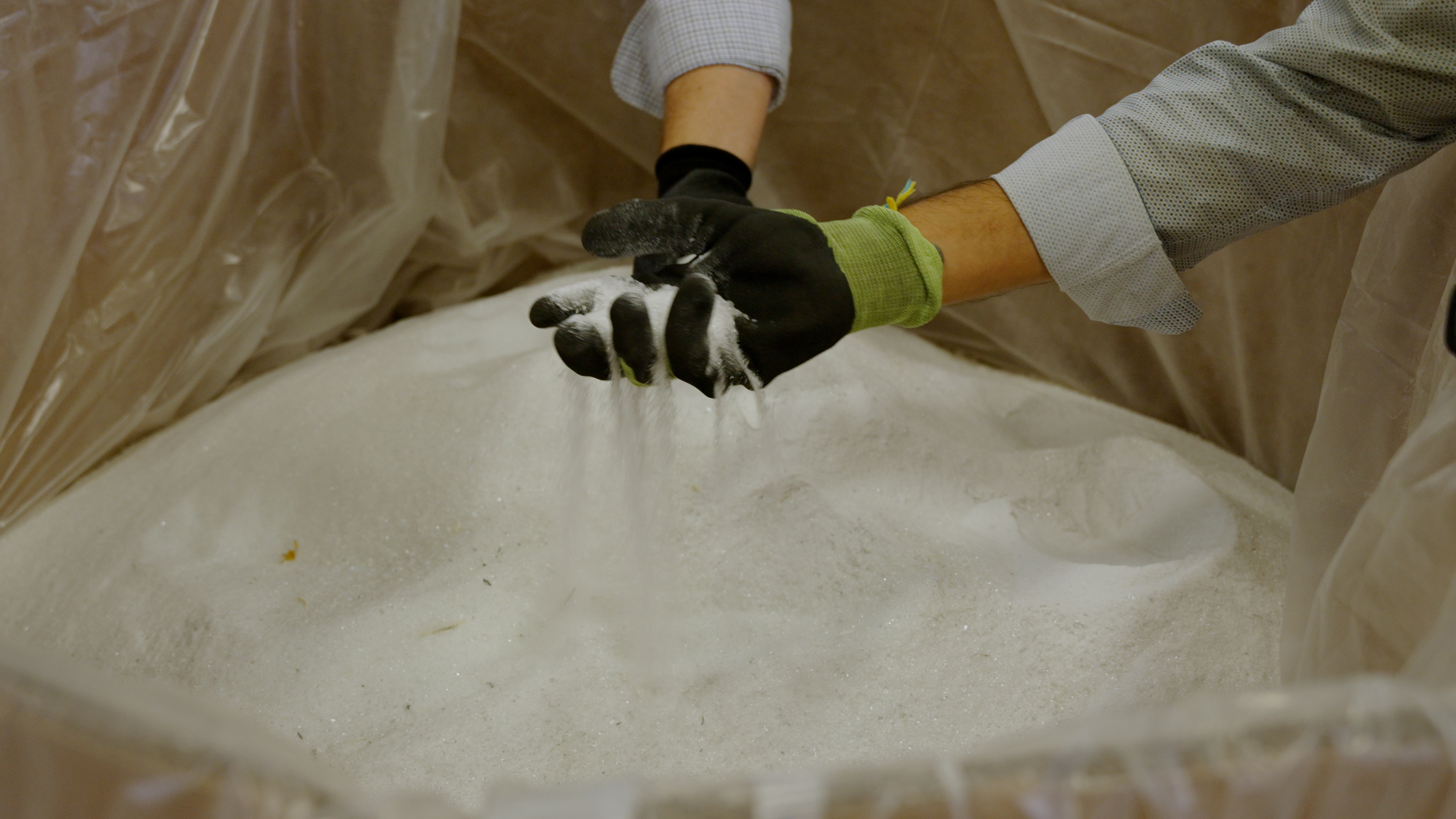 Crushed glass from a recycled solar panel at SOLARCYCLE’s Odessa facility. 