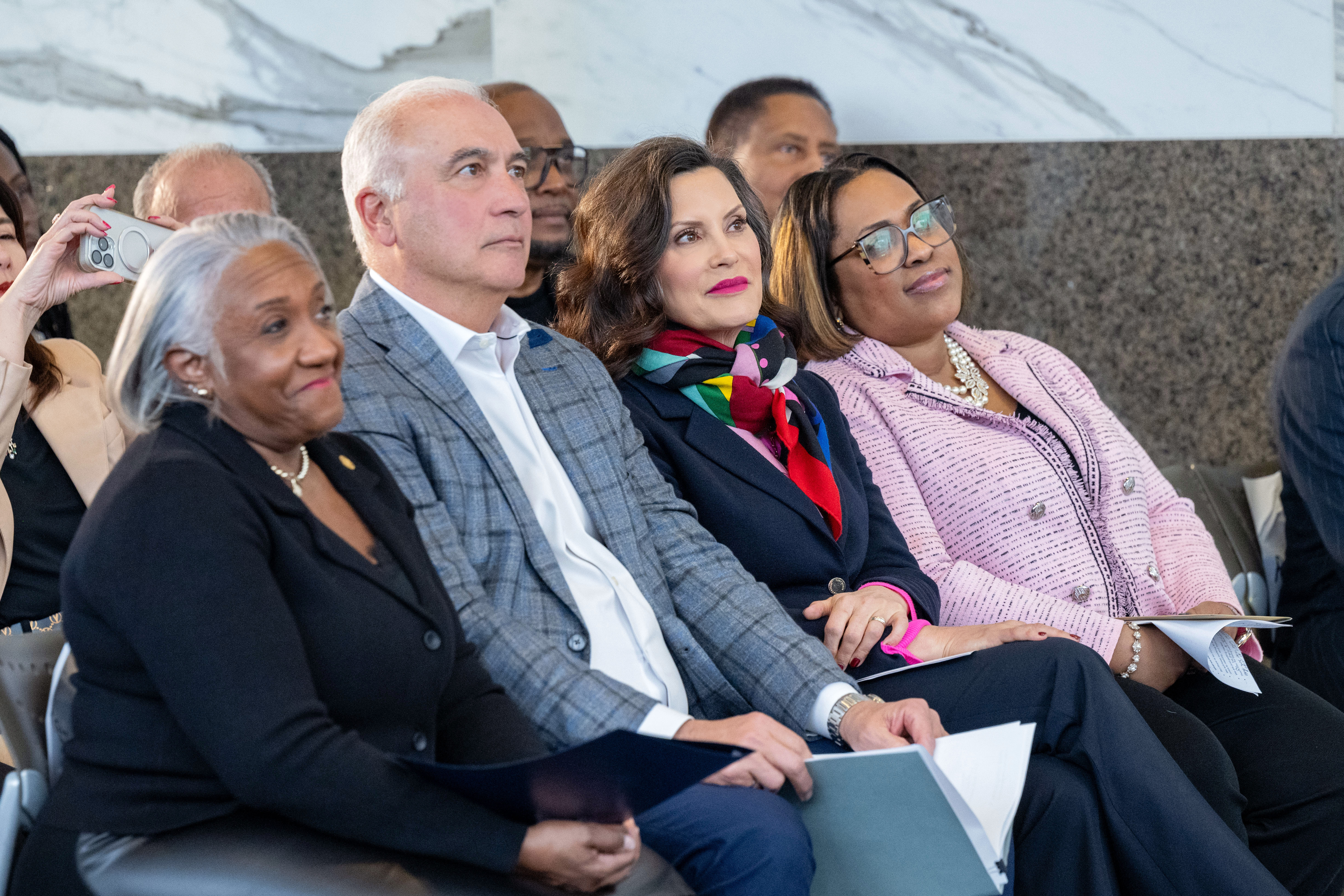 Representative Helena Scott; Jerry Norcia, Chairman & Chief Executive Officer, DTE Energy; Governor Gretchen Whitmer; Dr. Darienne Hudson, President & CEO, United Way for Southeastern Michigan