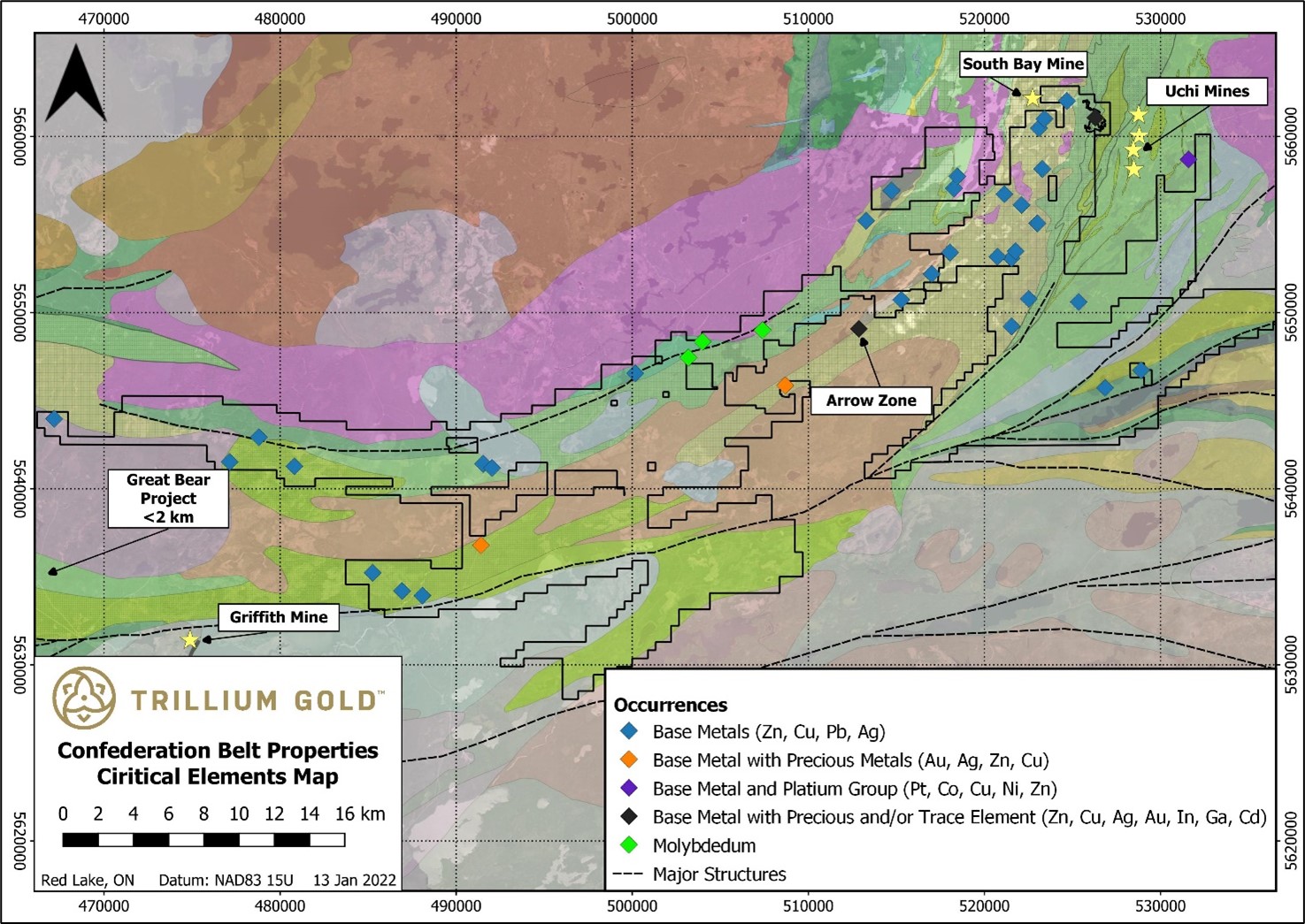 Map showing critical mineral potential on the Confederation Belt properties. Data sourced from the Ontario Mineral Inventory database and Technical Report for Tribute Minerals on the Garnet Lake Property, 2007.