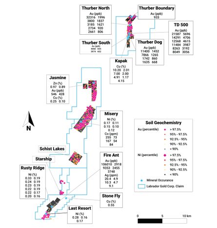 Mineral occurrences on the Hopedale property.