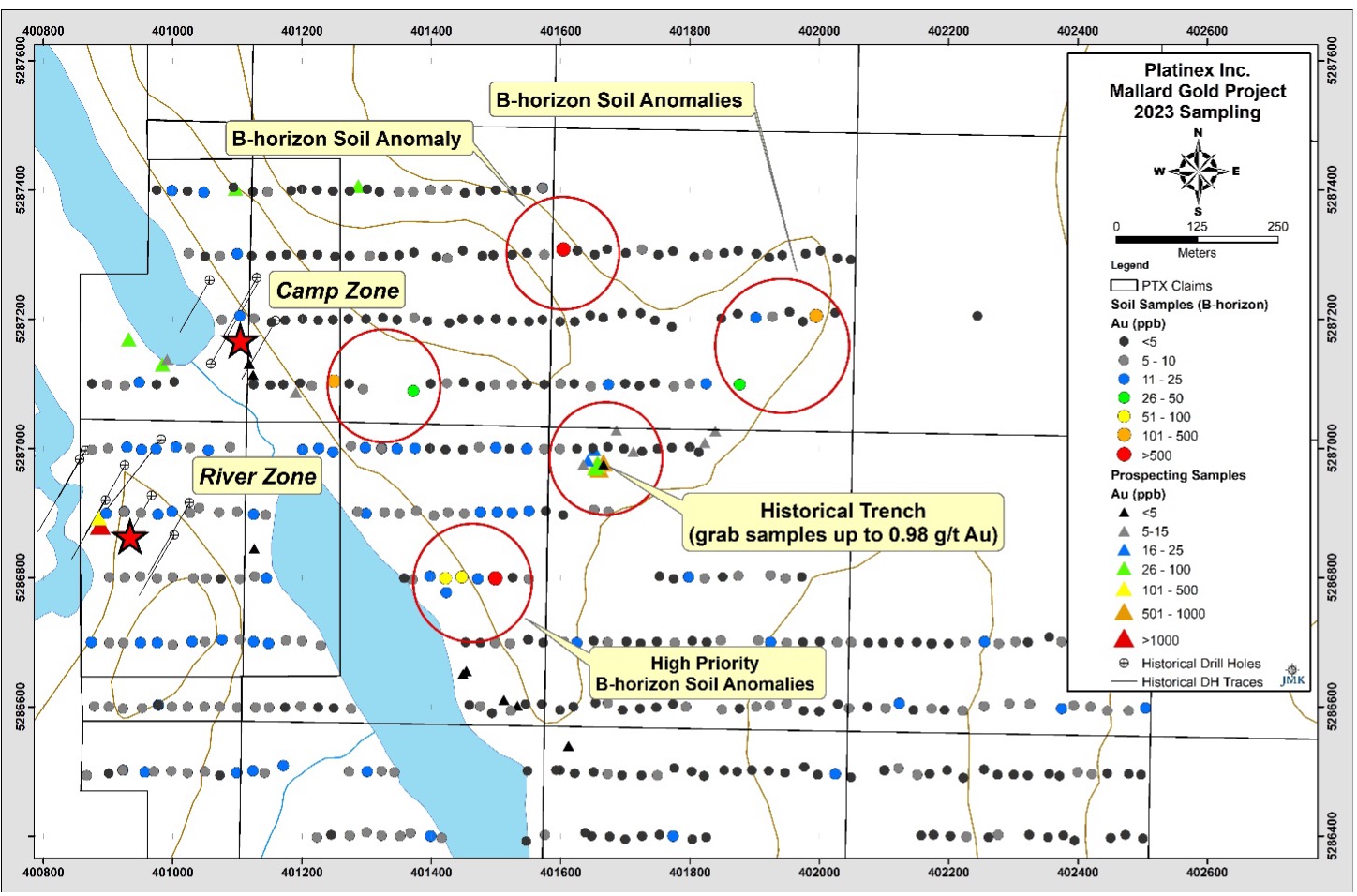 Figure 1: Soil Sampling Results from Camp and River Zones at the Mallard Gold Project