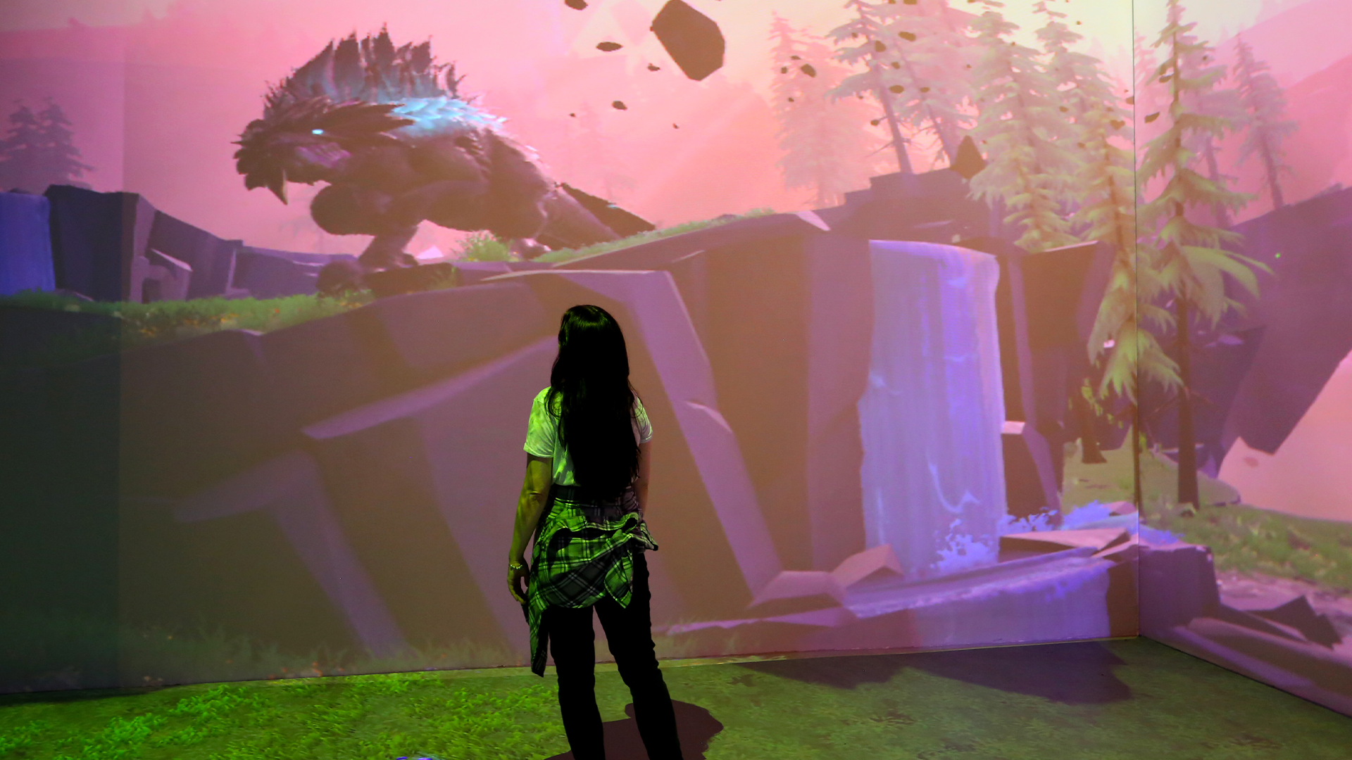 Thematically resembling the Pacific Northwest, Play, welcomes visitors into a fantastical world called Iron Falls. Here, visitors can hop around on floating stones, leave a sparkling, magical dust trail as they walk through the room, and engage with other animations. This room is the culmination of the gallery’s thematic journey and an opportunity for visitors to reimagine what kind of stories are possible with technology.