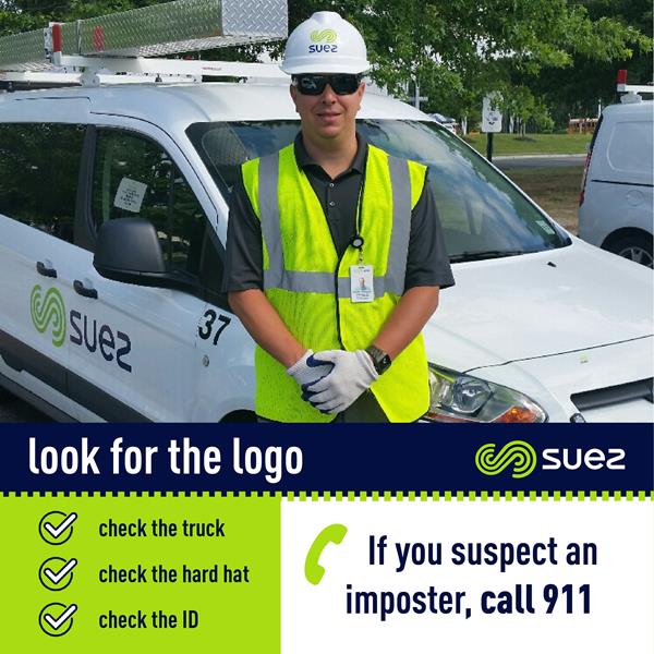 All SUEZ employees wear uniforms and photo identification badges with the SUEZ name and logo. SUEZ identification badges display the employee’s name, employee number, job title and the date the badge was issued to that individual. Customers should also look for white SUEZ vehicles parked at the curb that prominently feature the company’s bright green logo and dark blue lettering.