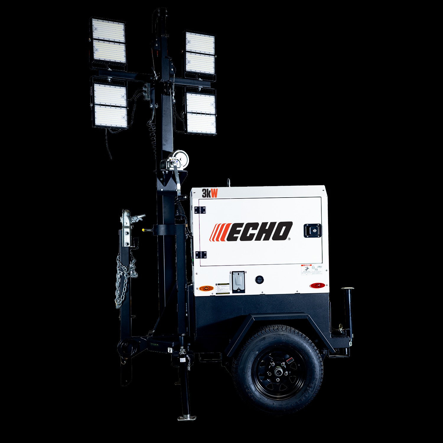 ECHO DLT3 mobile LED light tower with three LED light panels mounted on a vertical mast, shown on a towable trailer with integrated generator housing.