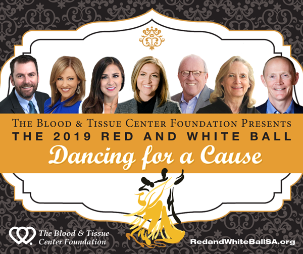 The Blood & Tissue Center Foundation's annual event, the Red and White Ball, will include a dancing competition featuring local leaders. From left on the image, they are:
C.J. Winckler, Deputy Medical Director, San Antonio Fire Department
Delaine Mathieu, Co-Anchor of News 4 San Antonio
Janel Ann Garcia, CEO of TriQuest Business Services, LLC
Jenna Saucedo-Herrera, CEO of the San Antonio Economic Development Foundation
Randy and Kay Harig, CEO and President of The Texas Research & Technology Foundation and VelocityTX; Owner and CEO of OfficeSource, Ltd.
Scott McMillian, Chairman and Co-Founder of Sendero Wealth Management
The black-tie gala will be on Saturday, Nov. 23 at the JW Marriott San Antonio Hill Country Resort & Spa.
