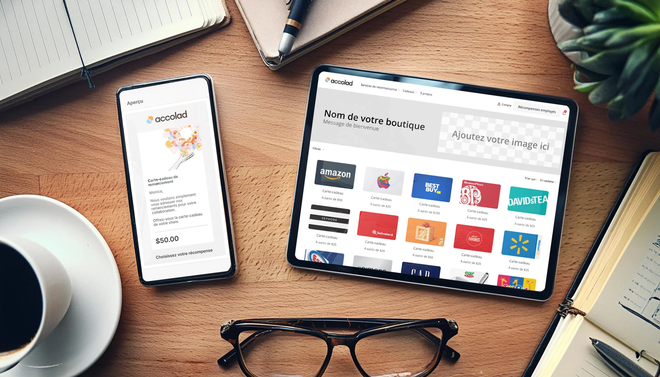 Interface de la boutique corporative en ligne Accolad permettant aux entreprises d’offrir des récompenses et des cartes-cadeaux numériques dans le cad