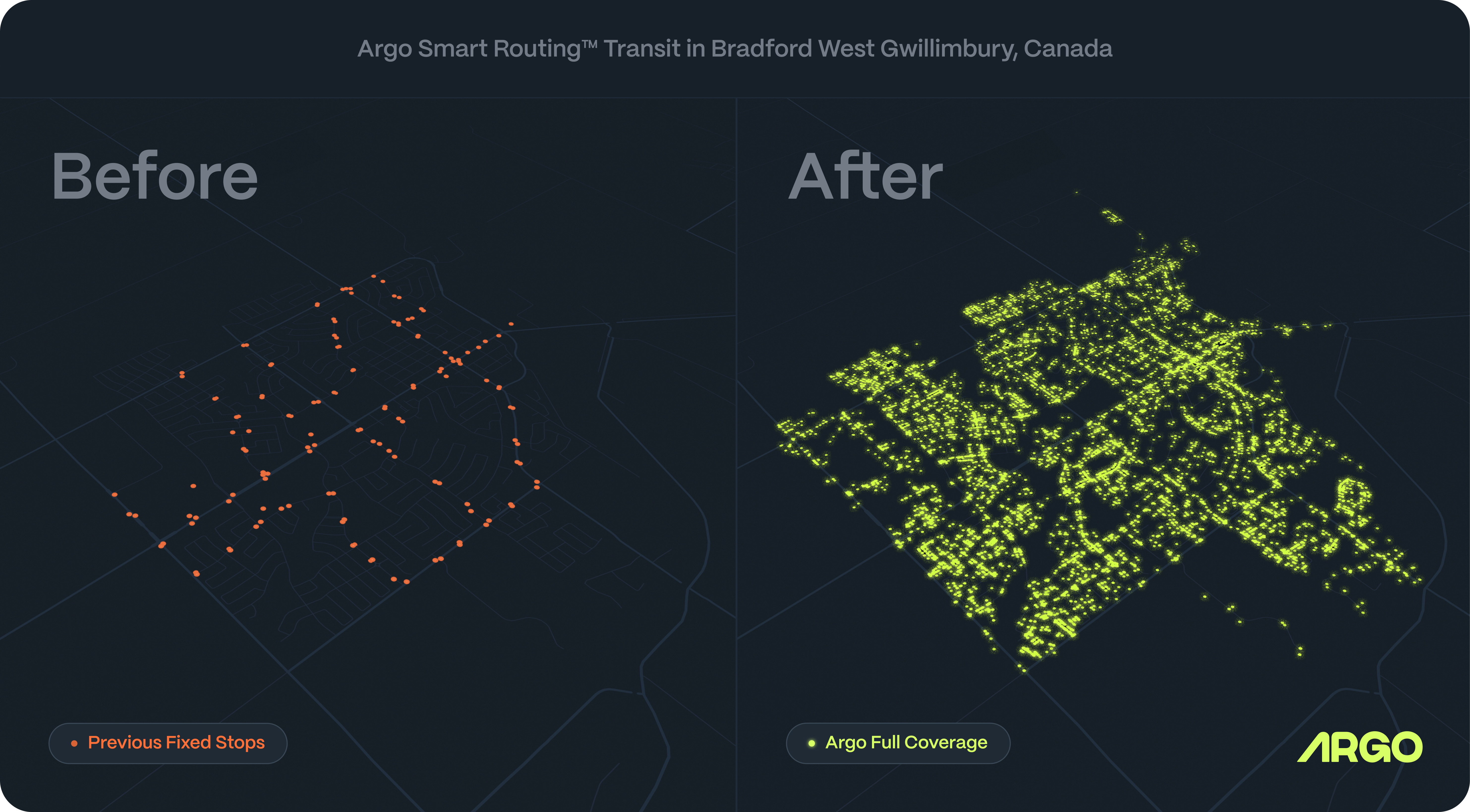 Transit coverage in Bradford West Gwillimbury showing previous fixed route stops vs. Argo Smart Routing™ service