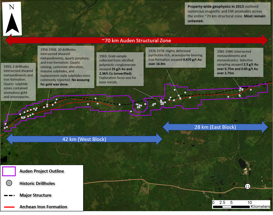 Figure 3: Only 58 historic drill holes are recorded within the property. Many of the drill holes identify zones of gold mineralization hosted within a geologic setting that shares many similarities with other orogenic gold camps in the region.