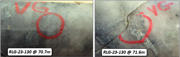 Closeup photos of visible gold from drillhole RLG-23-130.