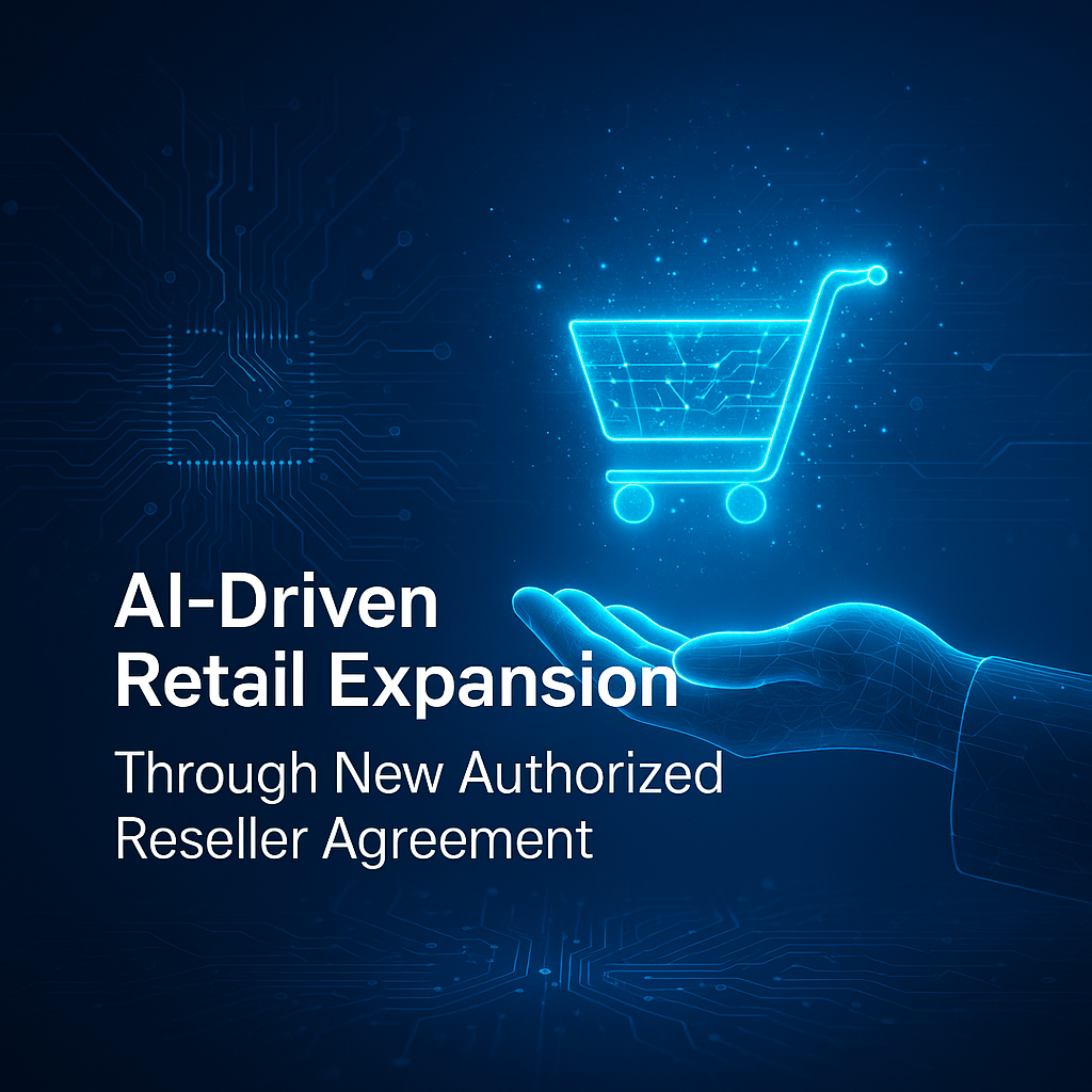 Abstract digital artwork showing a glowing data handshake and holographic retail elements, symbolizing Alpha Modus’s AI-driven reseller agreement