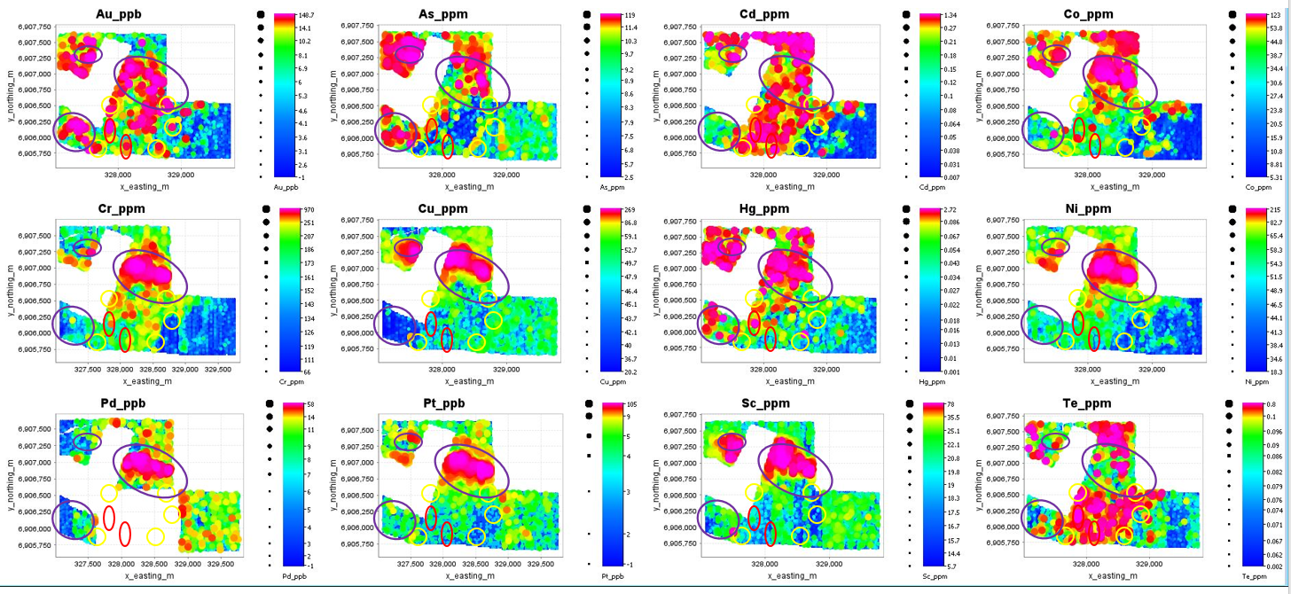 Screengrab of ioGASTM observing Au and its correlation with base metal and other Au pathfinder elements. Red – Known mineral deposits, Yellow – Phase 1 Prospective areas for Au exploration, Purple – Phase 2 Prospective areas for Au exploration.