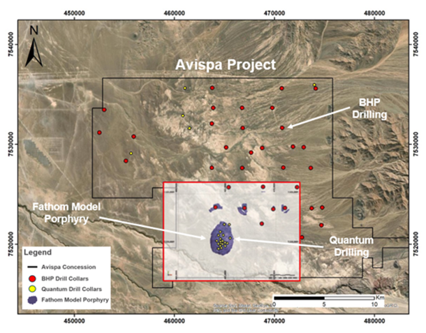 Plan image of the iso-surface results of Cu Mo porphyry target generated by Fathom at Avispa.