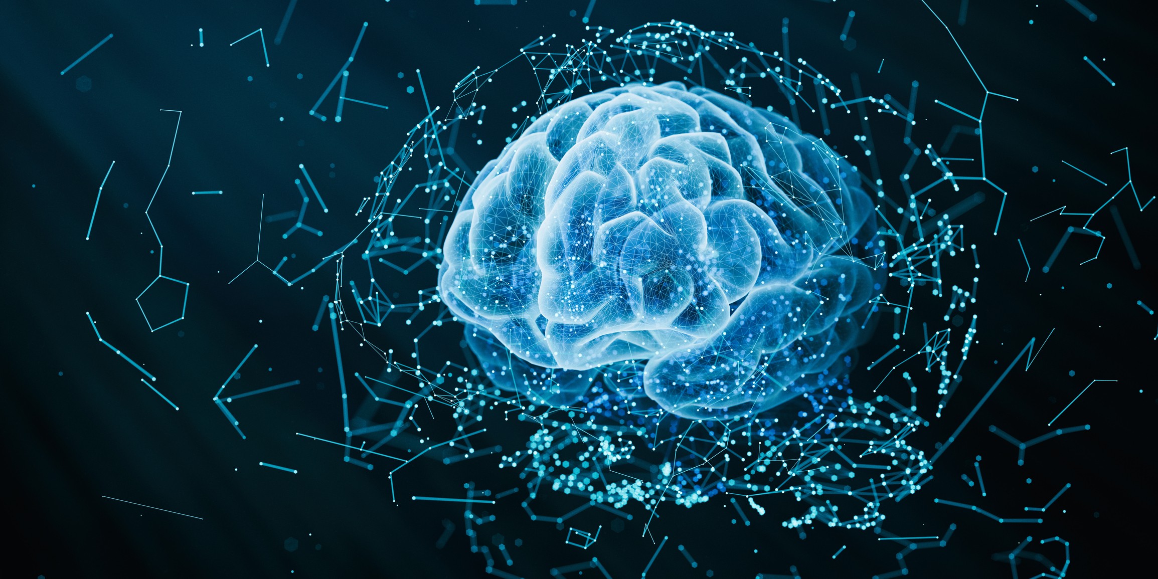 Concept d’intelligence artificielle – image rendue en 3D. Connexions neuronales numériques lumineuses. Vue holographique du cerveau humain.