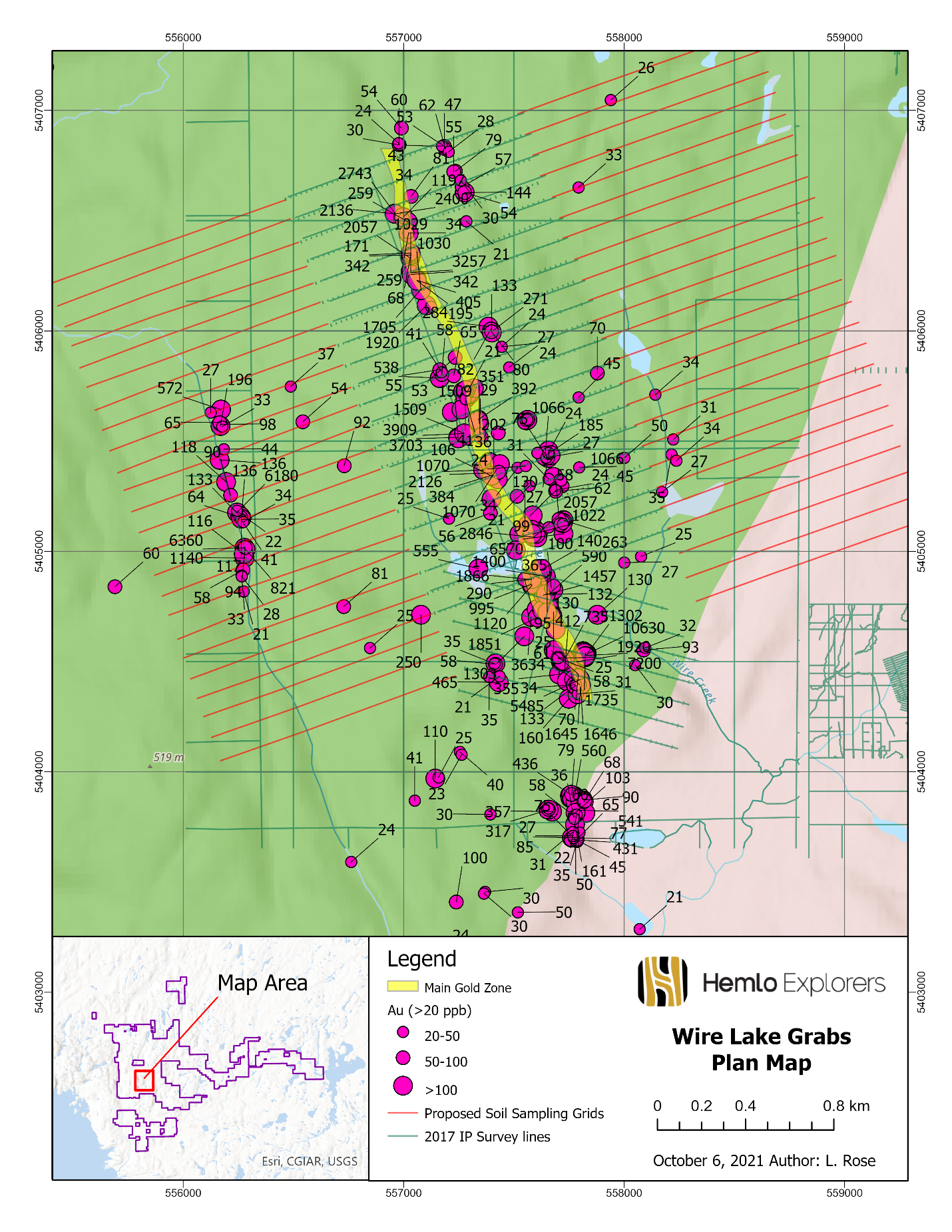 Figure #3 – Wire Lake Project Grab Sample Plan Map with Planned Grids Covering NE and SW Parallel Shear Zones