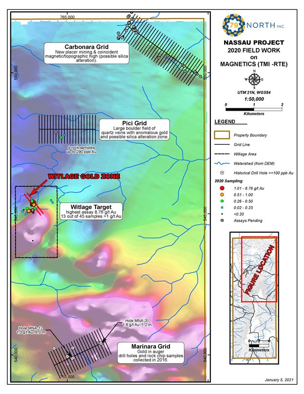 Location of exploration targets of the Nassau gold project, Suriname.