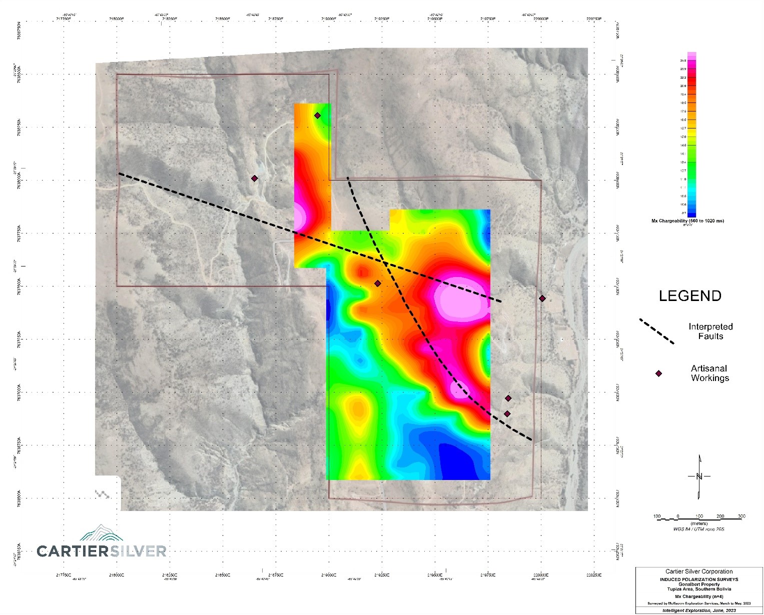Chargeability Plan Map at N=4, Elevation 100m Below Surface, Gonalbert Property