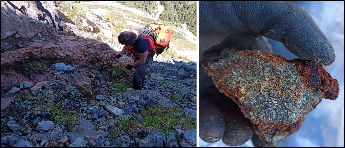 Samples 996352 (4.5 g/t gold, 32.6 g/t silver, and 0.27% copper) and 996353 (8.86 g/t gold, 314 g/t silver, 0.33% copper) from northeast of Bergette. Left: 1 to 2 metre wide rusty alteration zone exposed at sample 996352. Right: Close-up of sample 996353 containing semi-massive pyrite and quartz.