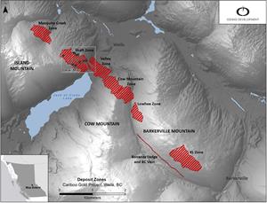Figure 1: Cariboo Gold Project areas overview map (mineralized zones are shown in red)