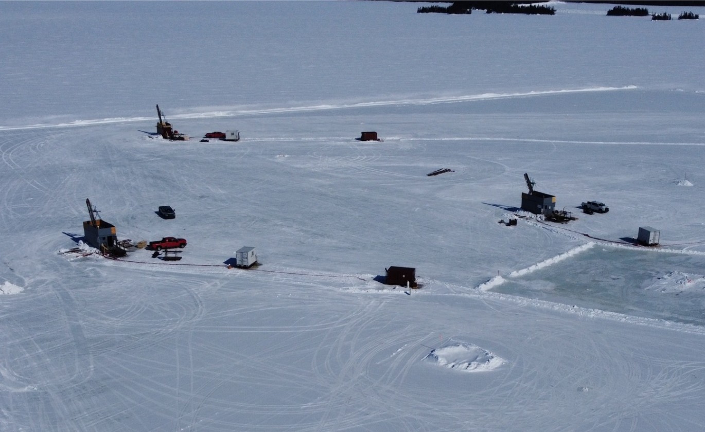 Three drill rigs completing the Golden Eye resource conversion program on the engineered ice pad (March 2026). image