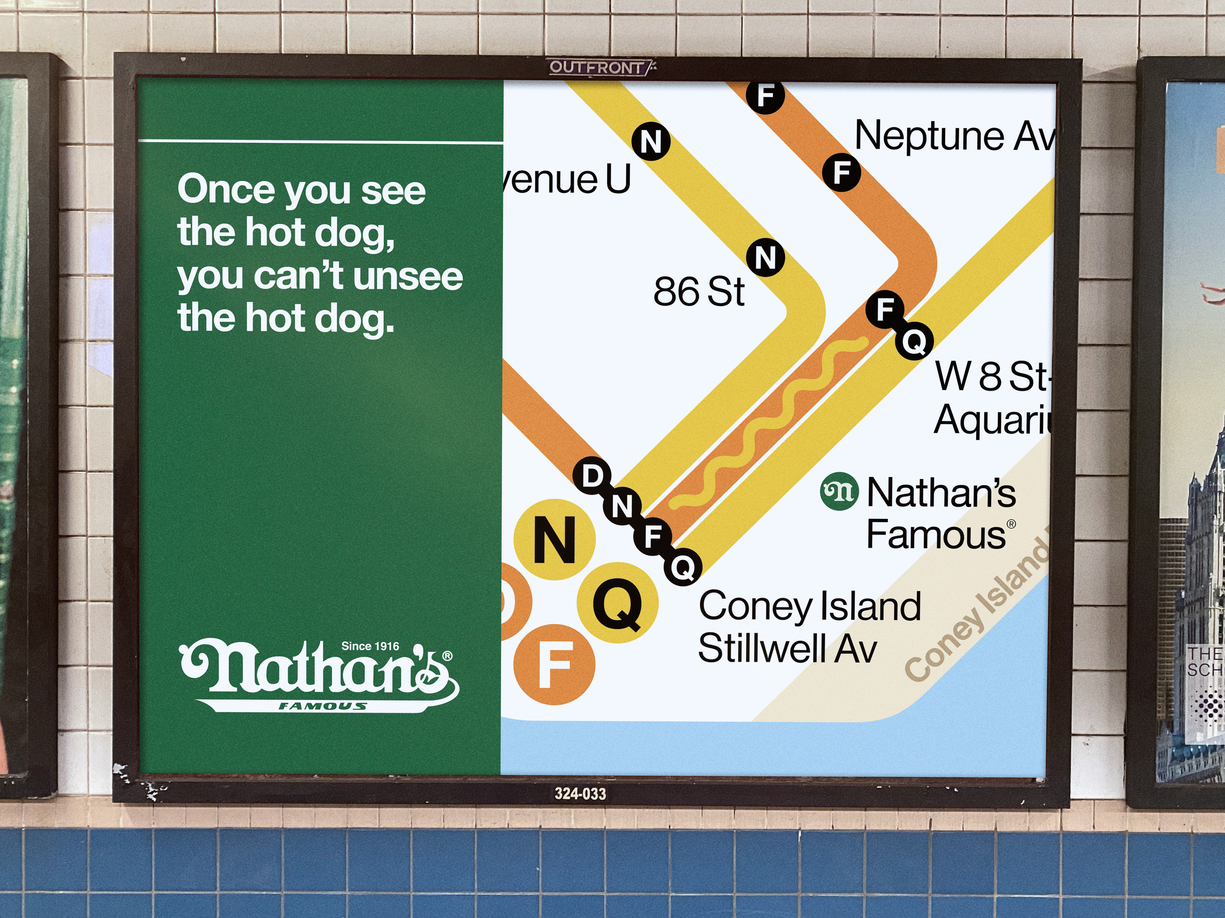 Caption: Nathan’s Famous partners with New York Metropolitan Transit Authority to unveil hot dog image where the N, F and Q subway lines – the trains that lead directly to Coney Island – come together.