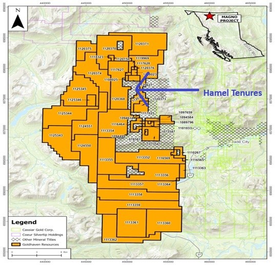 Location of Hamel tenures located within GoldHaven's Magno project in Northern BC