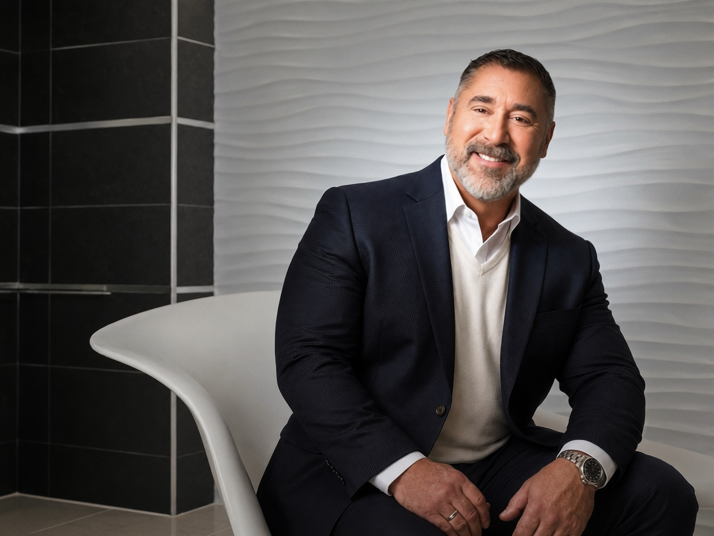 Stephen E. Terrell, creative director and brand strategist, seated in the white chair from the Betty White "Life is Easy. Blow Bubbles." campaign