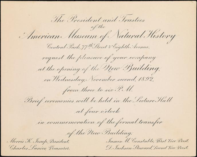 Invitation to the opening of the new building November 2, 1892. Museum of the City of New York, gift of Deaconess Nathalie E. Winser, X2012.100.23.