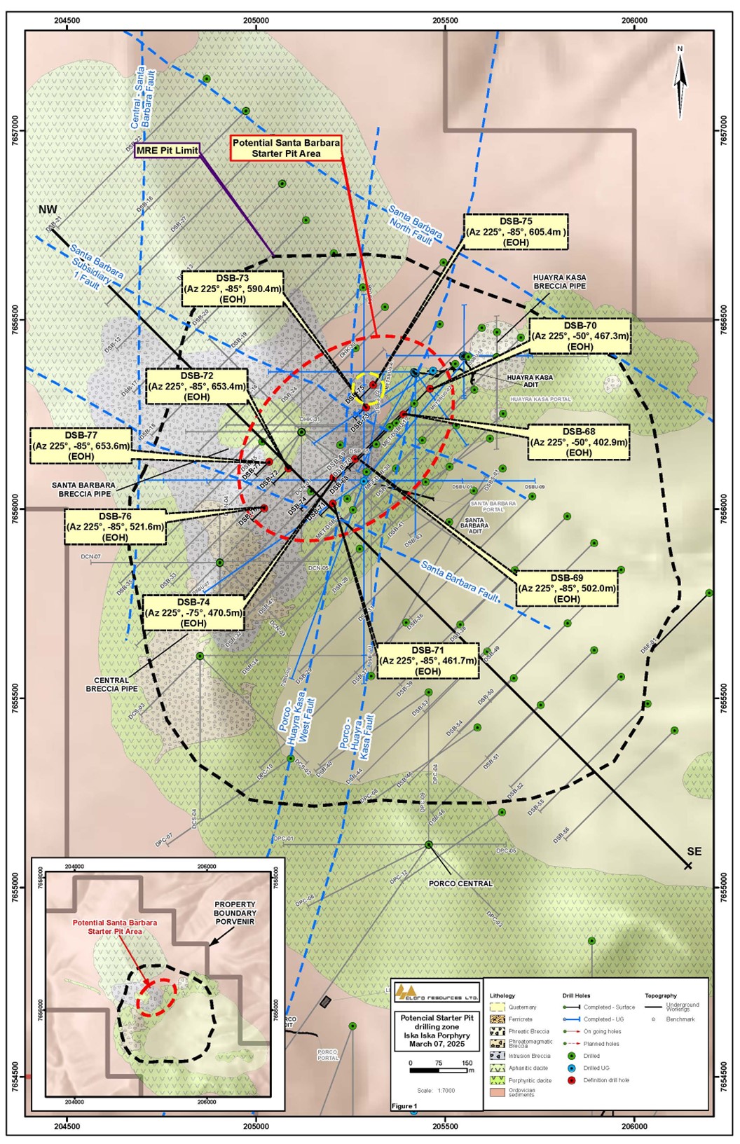 Location Map of Definition Diamond Drill Holes, Santa Barbara zone, Iska Iska. The yellow circle highlights the location hole DSB-75 referred to in this release.