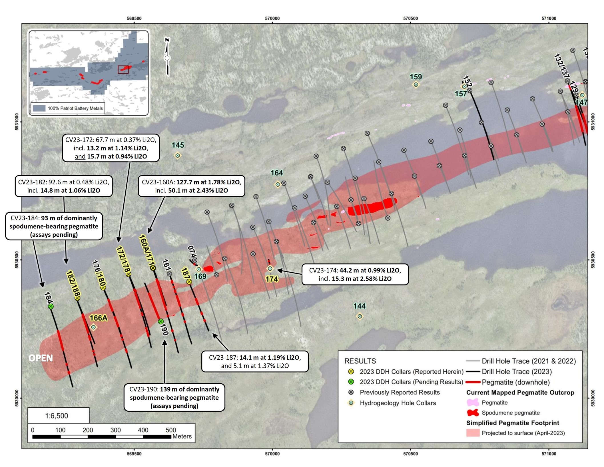 Drill holes completed at the CV5 Pegmatite through the 2023 winter drill program –western area