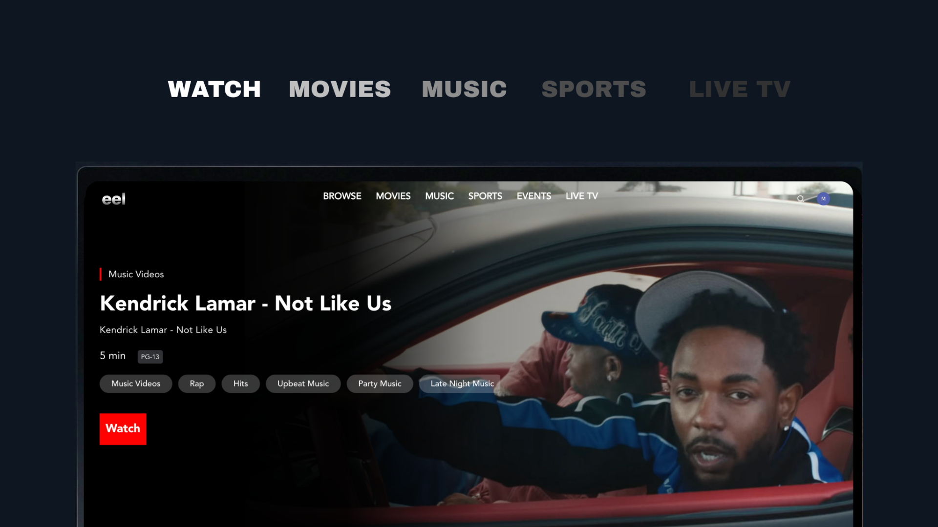 The eel streaming platform displaying a music video interface with categories for movies, music, sports, events and live TV.