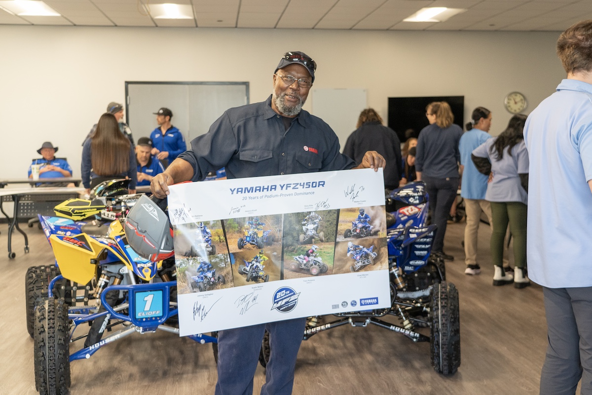 The more than 2,000 factory employees were treated to an autograph session with the esteemed racers, featuring a custom 20th anniversary YFZ poster.