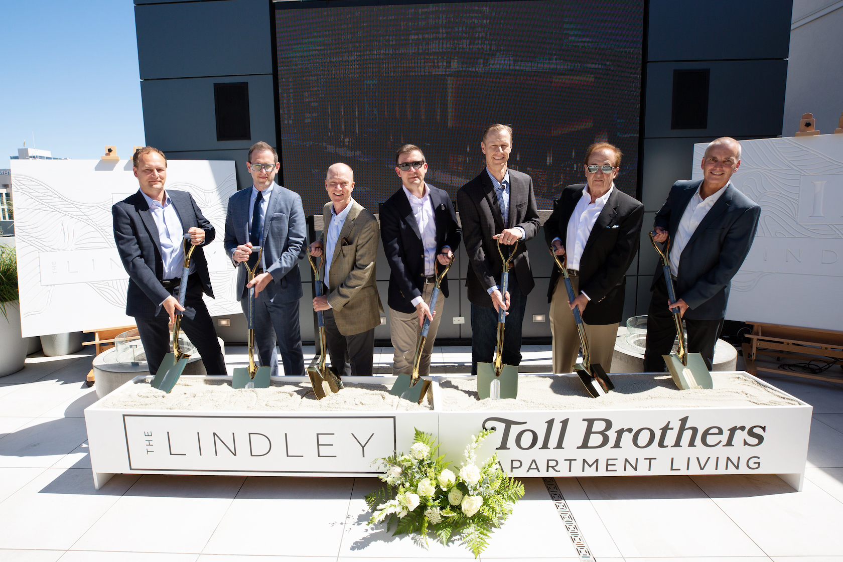 From left: Chris Fassler (JWDA), Matthew Geaman (JWDA), Bike Berryhill (Swinerton), Charles Elliott (Toll Brothers Apartment Living), Rob Morgan (Trestle), Michael Blumenthal (MB Properties), and Michael McCann (Toll Brothers Apartment Living).