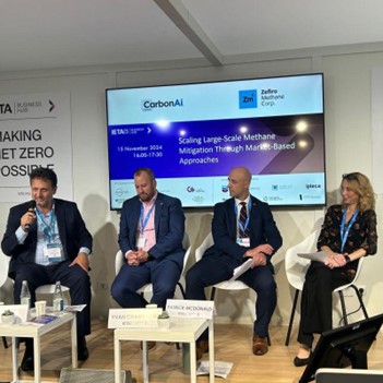 Dr. Talal Debs (pictured furthest on the left) speaks at IETA’s COP29 event on November 15, 2024. Also pictured (center-right), Government of Alberta Assistant Deputy Minister for Air, Climate, and Clean Technology Patrick McDonald